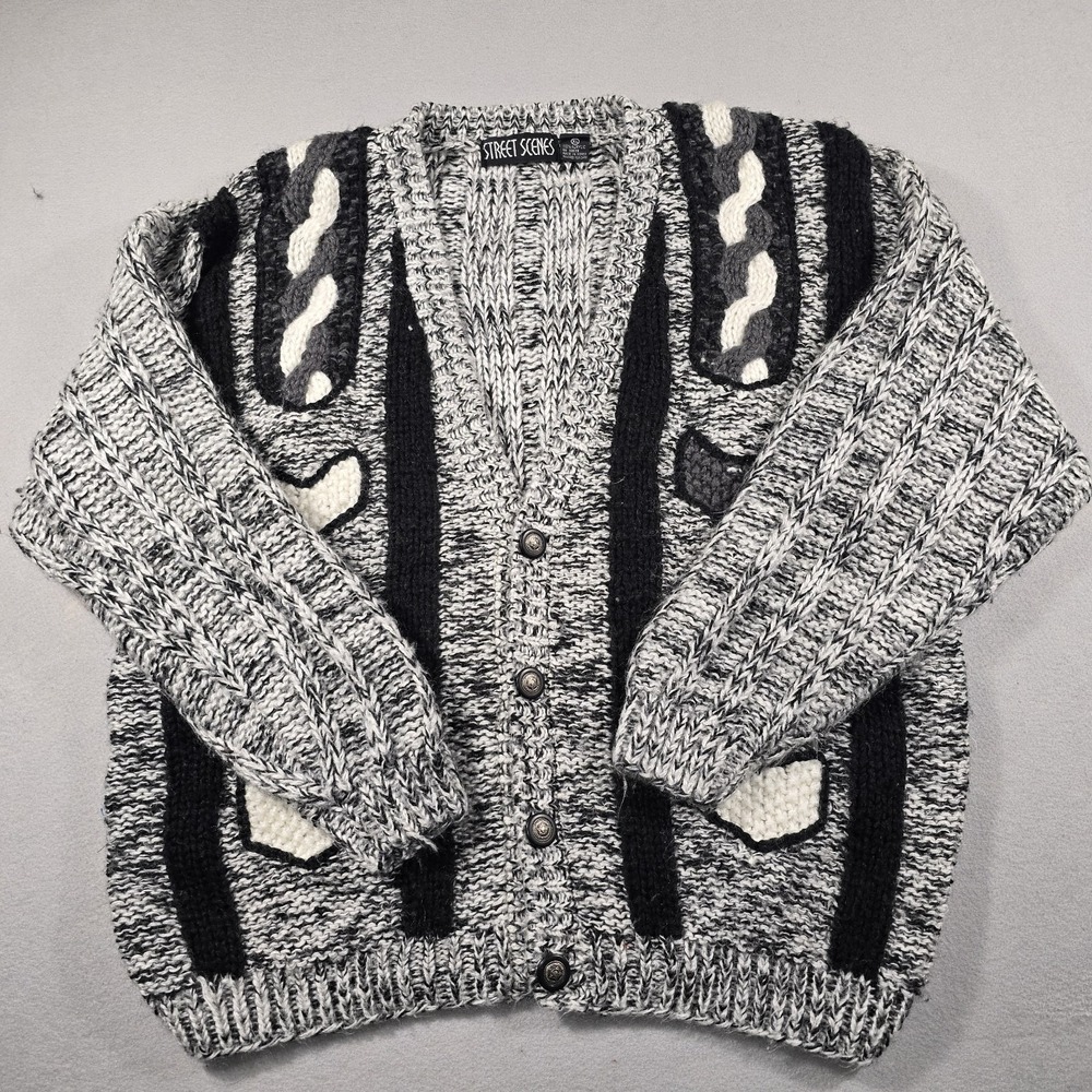 Street Scenes Mens XL Grey Black Cardigan Sweater Vintage Chunky Knit Geometric